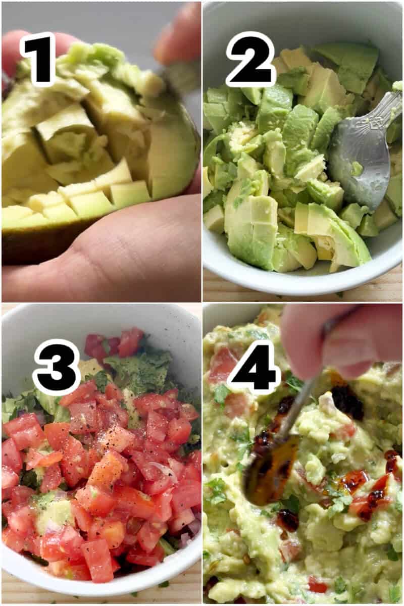 Collage of 4 photos to show how to make guacamole.