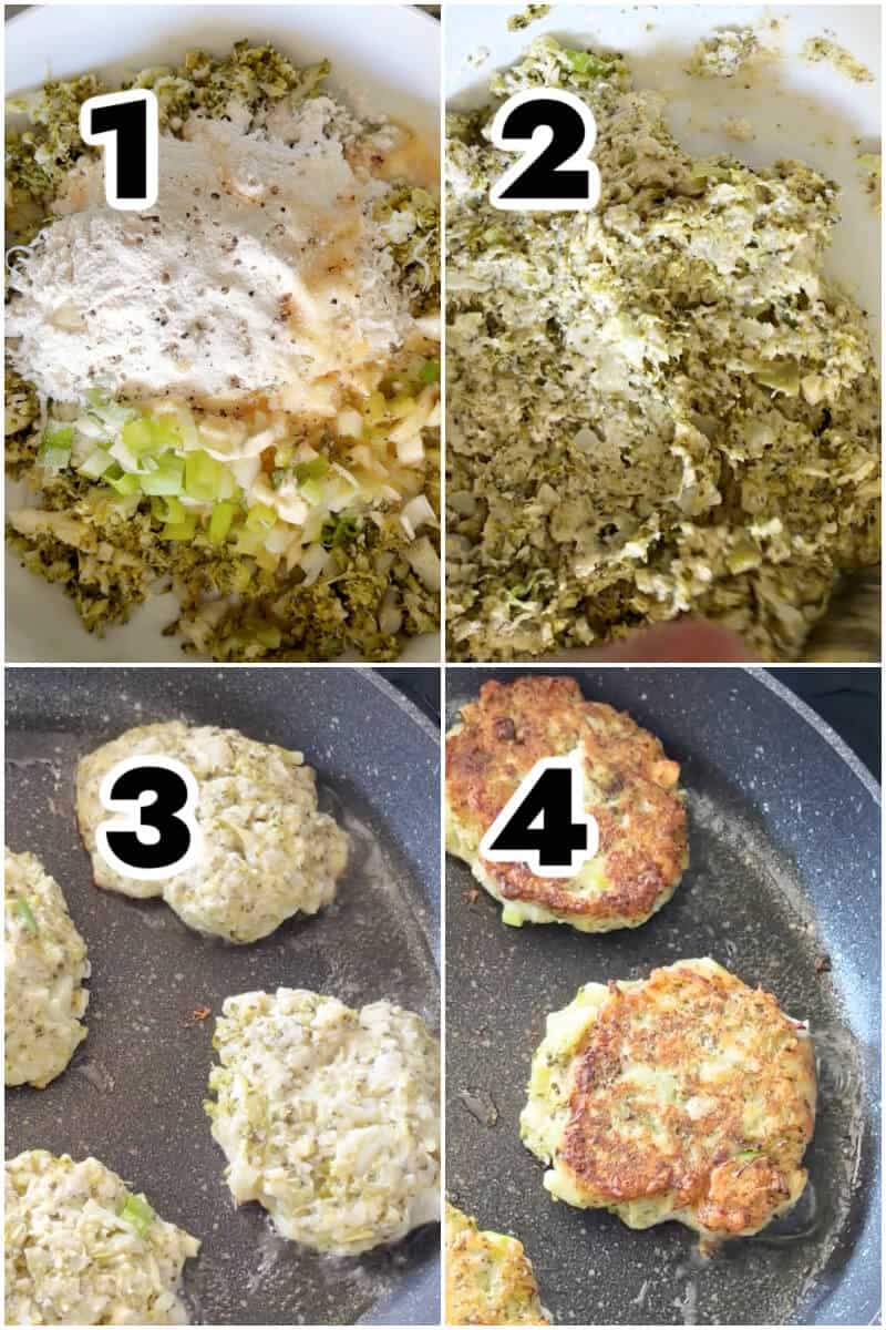 Collage of 4 photos to show how to make broccoli fritters.