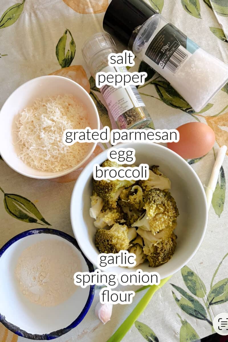 Ingredients displayed to show how to make broccoli fritters.