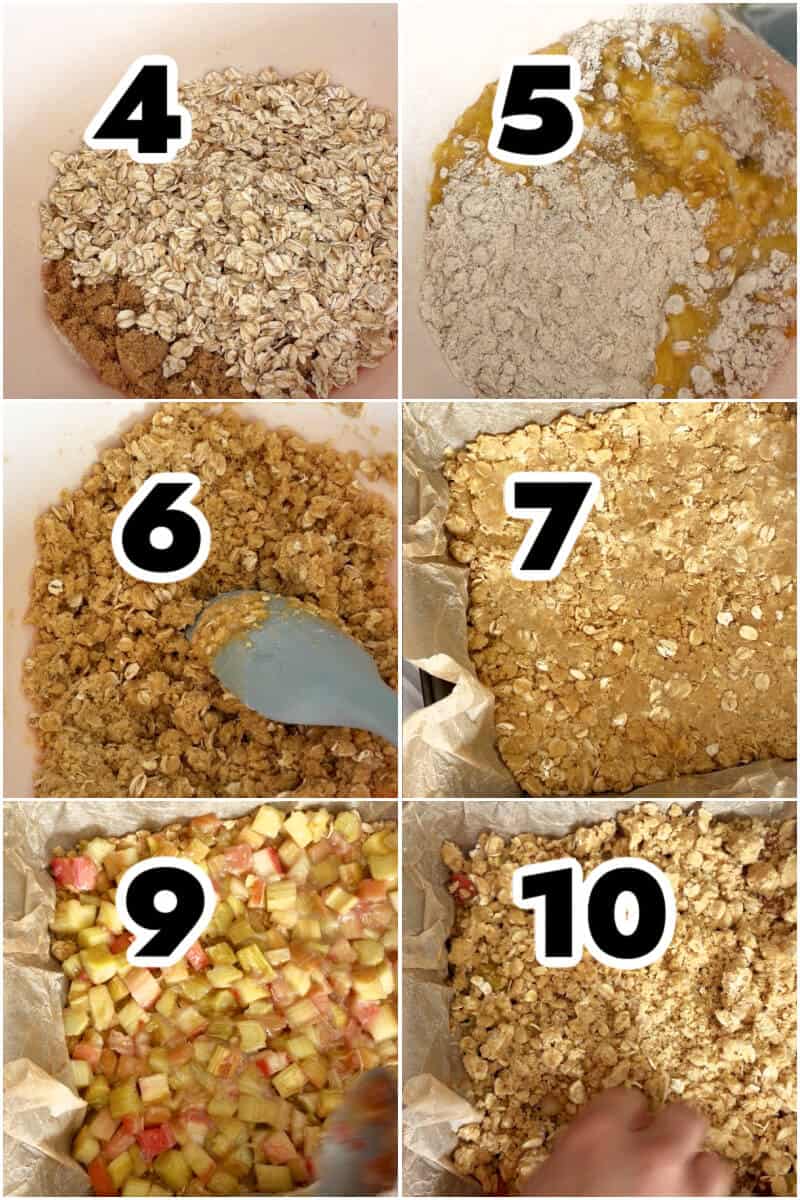 Collage of 6 photos to show how to make rhubarb crumble bars.