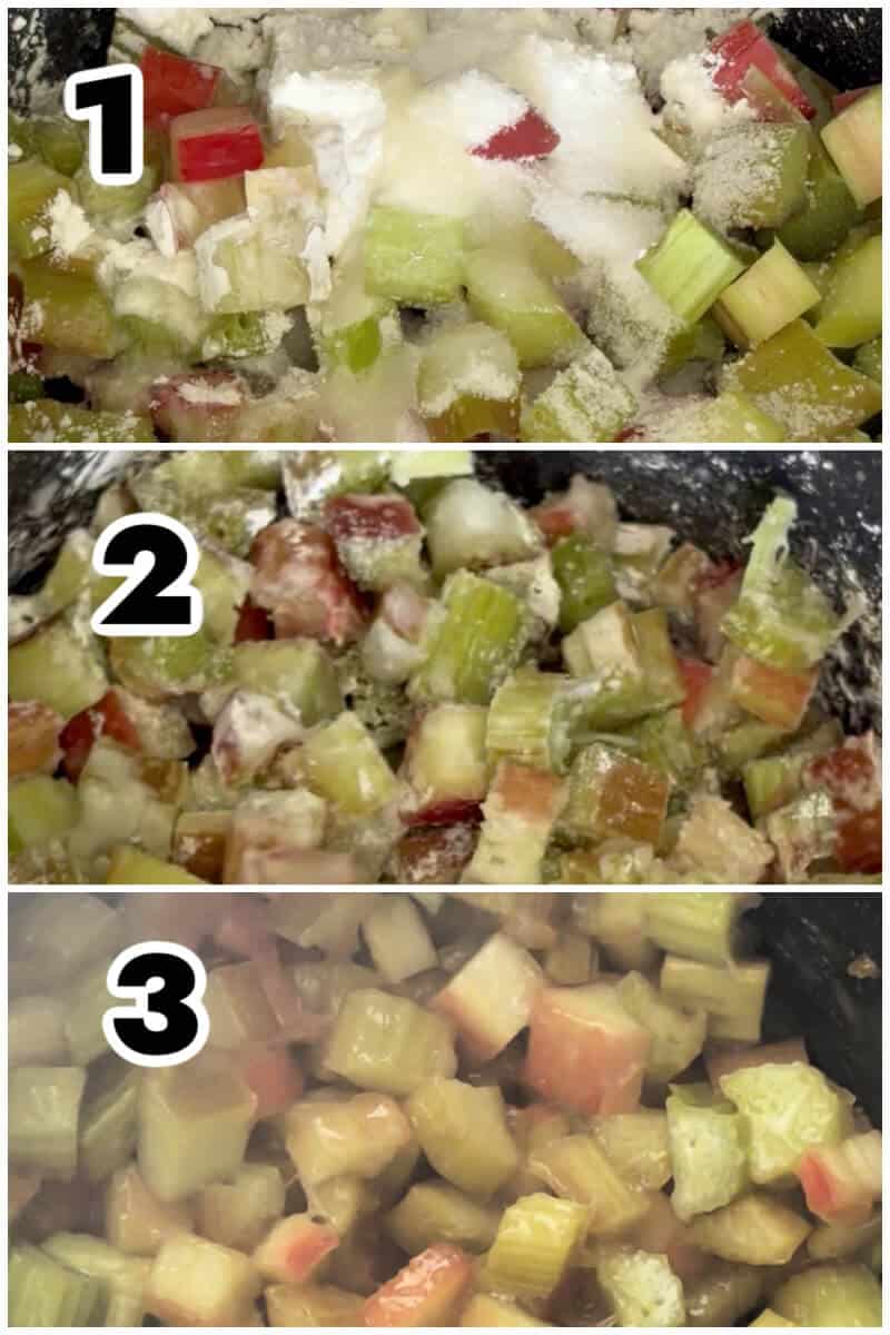 Collage of 3 photos to show how to make the rhubarb filling.