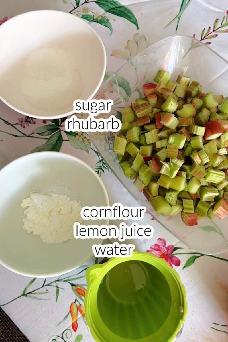 Ingredients displayed for making rhubarb filling.