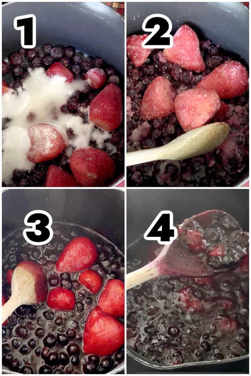 Collage of 4 photos to show how to make berry compote.
