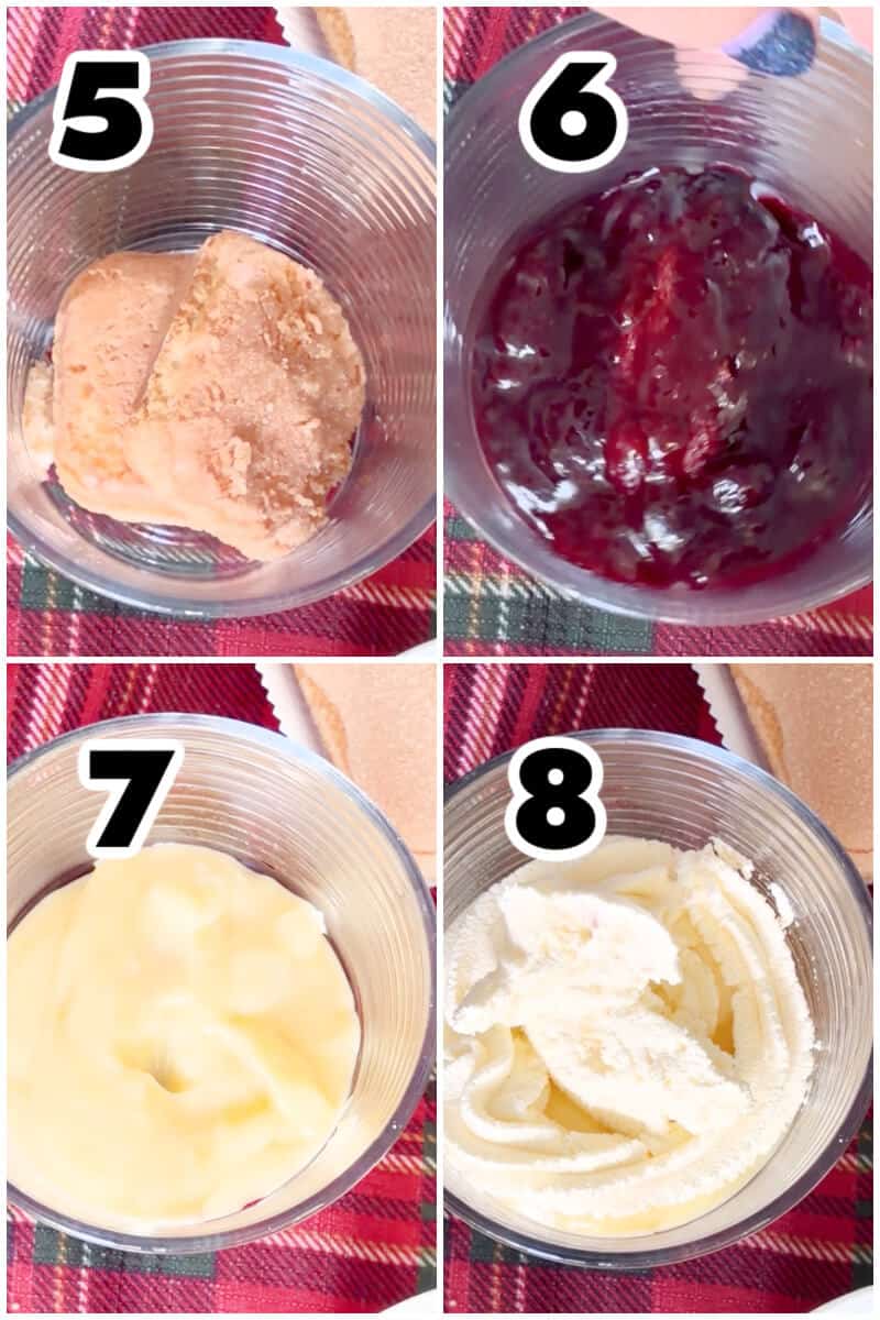 Collage of 4 photos to show how to make a berry trifle.