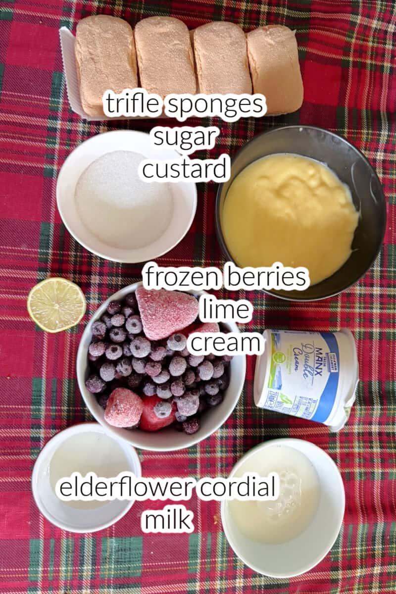 Ingredients on a table to make trifle.