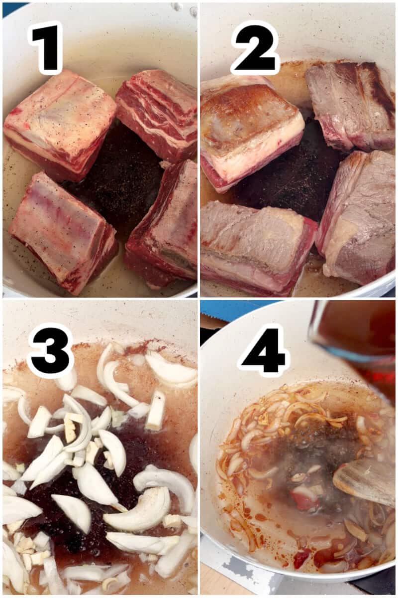 Collage of 4 photos to show how to make short ribs in the slow cooker.