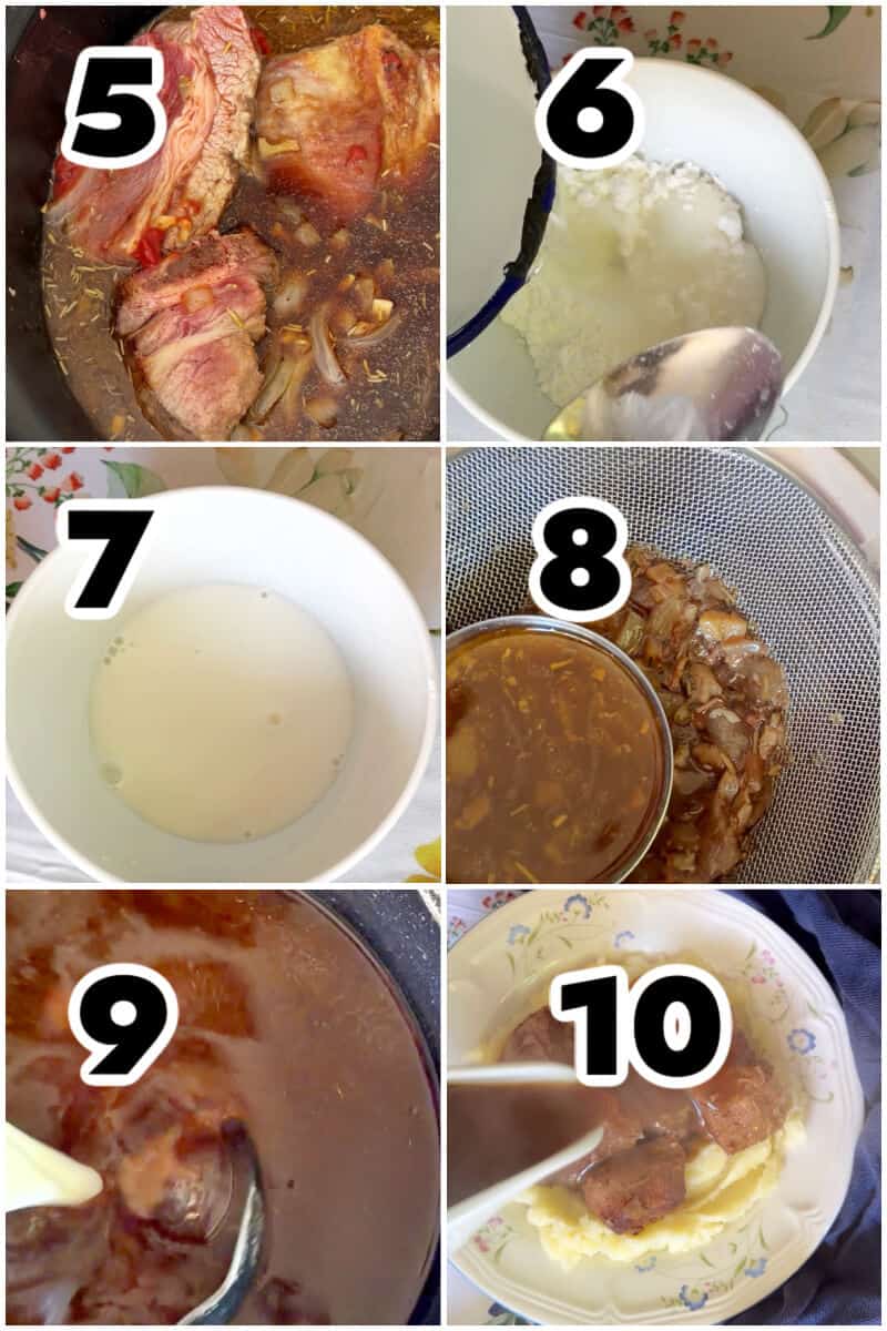 Collage of 6 photos to show how to make ribs in gravy in the crockpot.