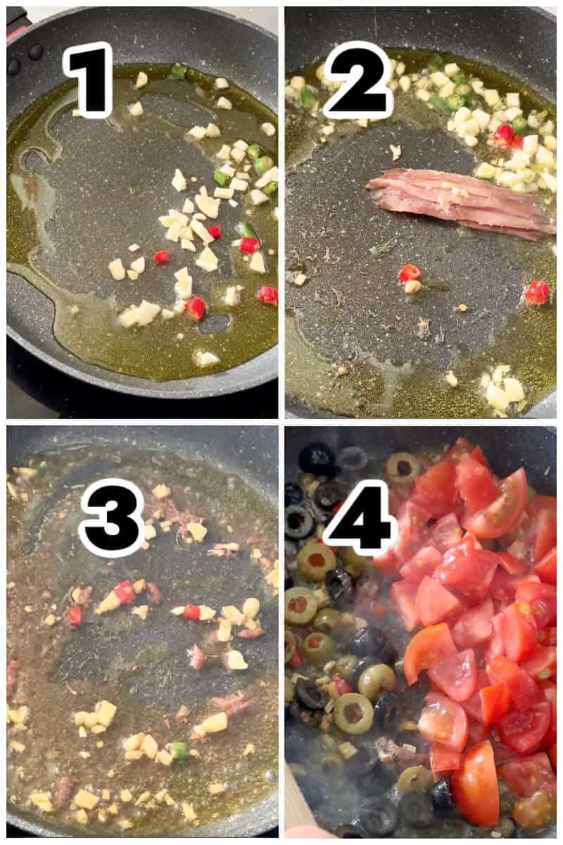 Collage of 4 photos to show how to make pasta puttanesca.