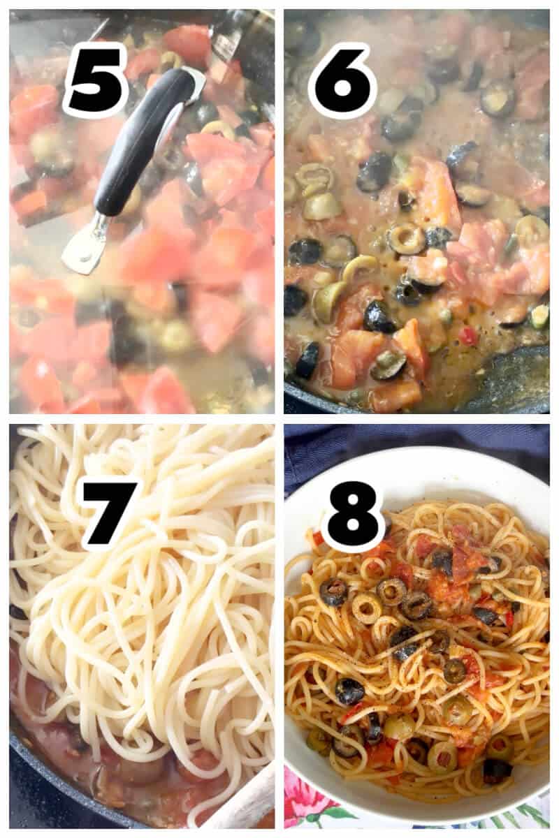 Collage of 4 photos to show how to make pasta alla puttanesca.