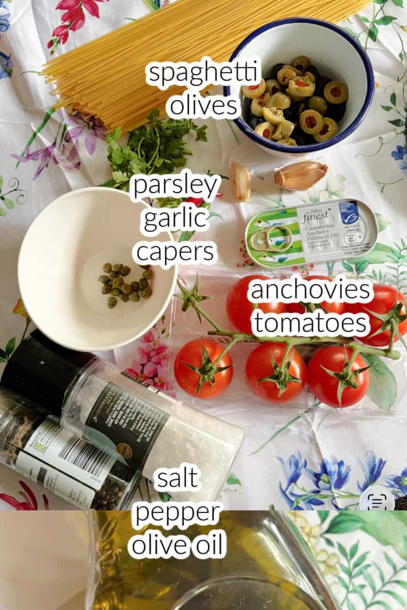 Ingredients displayed for making pasta puttanesca.