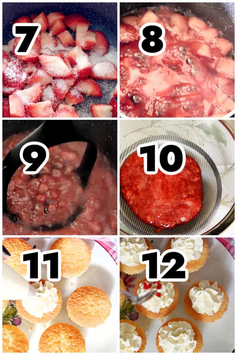 Collage of 6 photos to show how to make strawberry coulis and how to decorate the muffins.