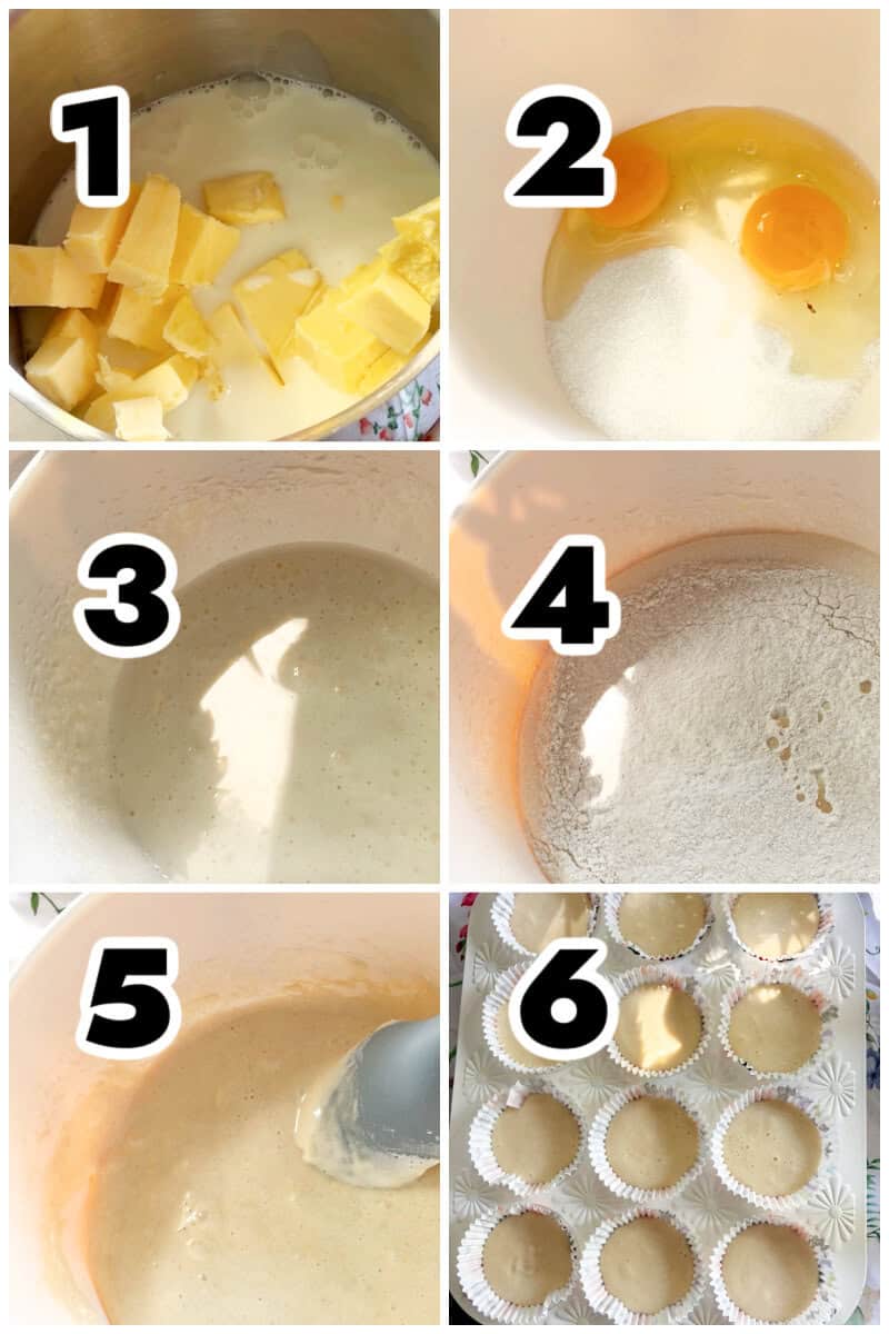 Collage of 6 photos to show how to make hot milk muffin sponge.