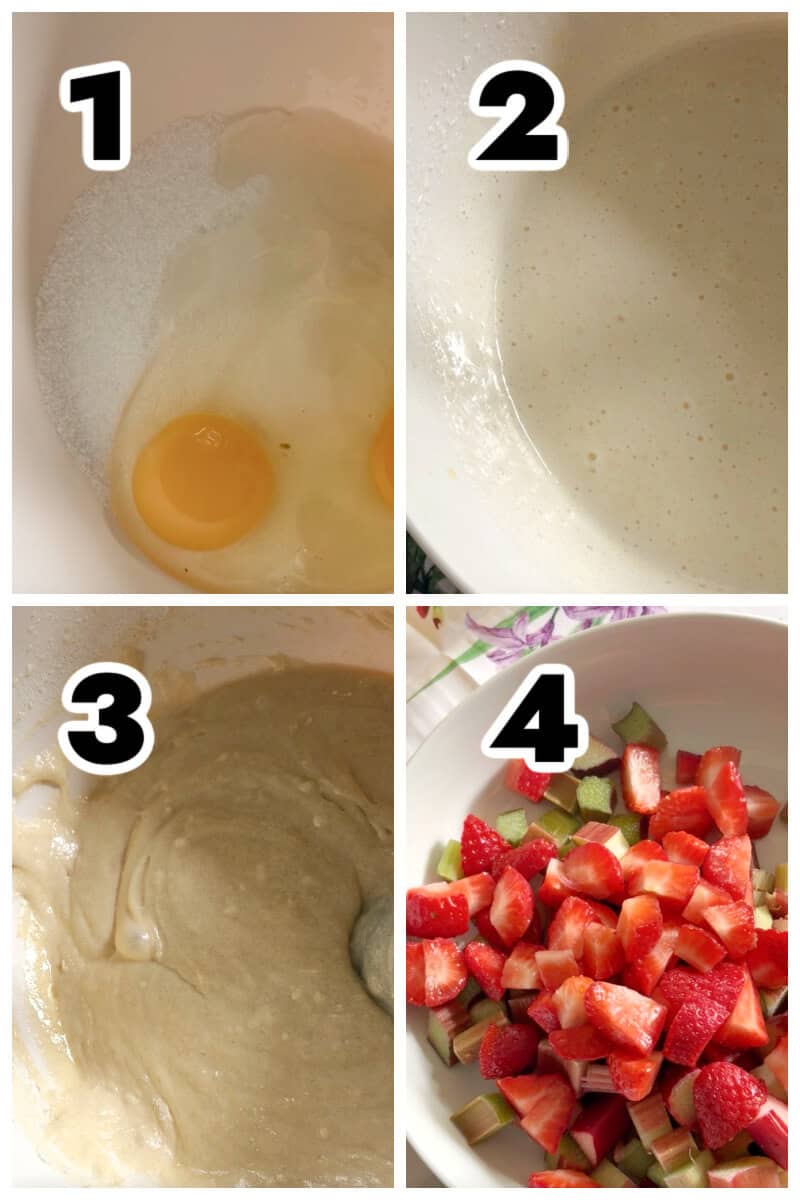 Collage of 4 photos to show how to make strawberry and rhubarb cake.