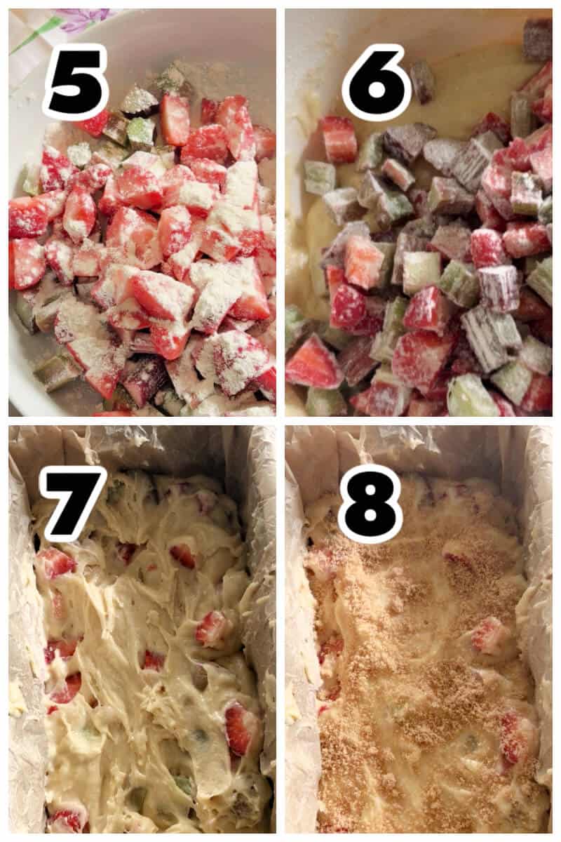 Collage of 4 photos to show how to make strawberry rhubarb loaf.