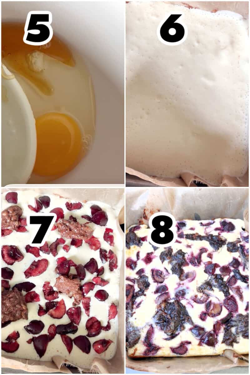 Collage of 4 photos to show how to make cherry cheesecake filling.