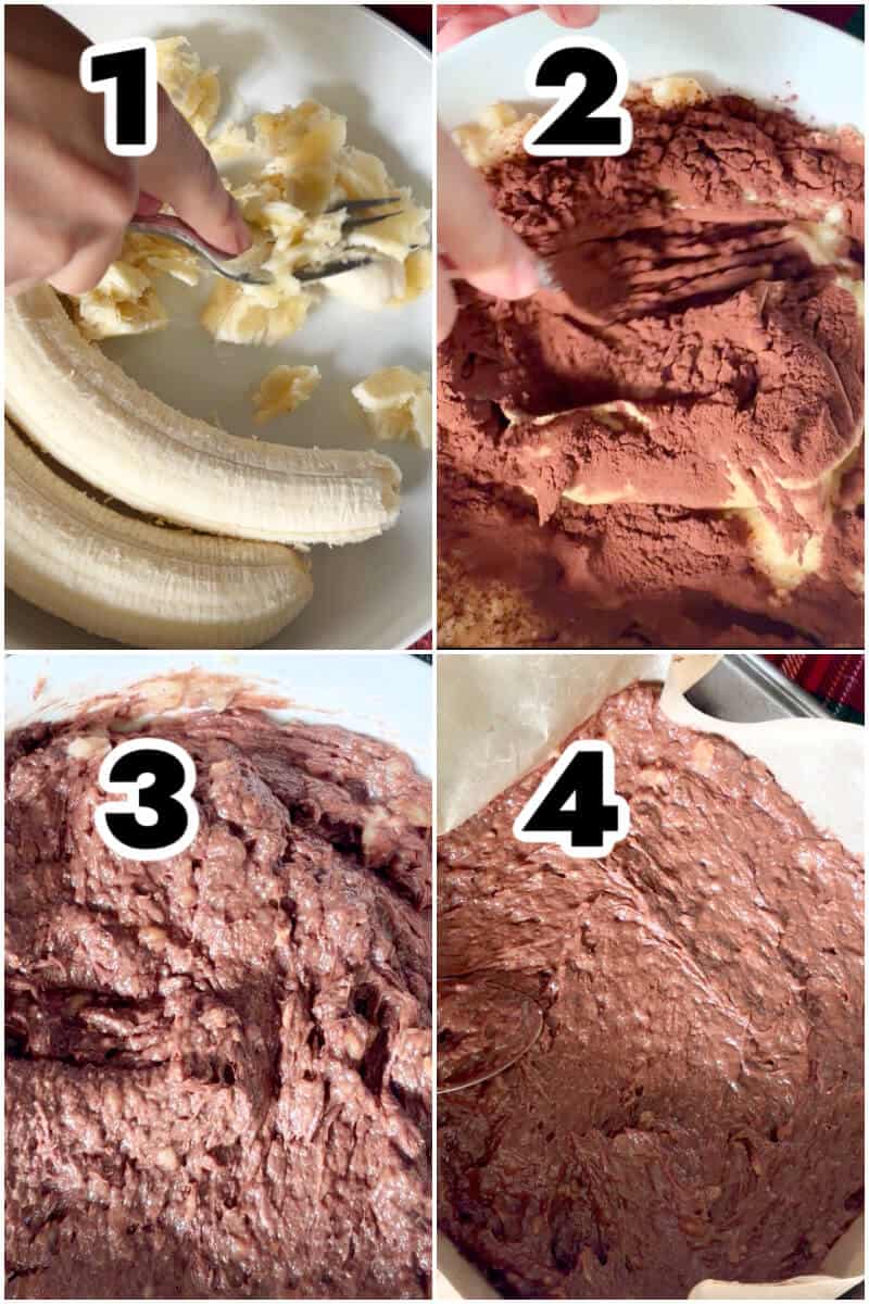 Collage of 4 photos to show how to make banana brownies.