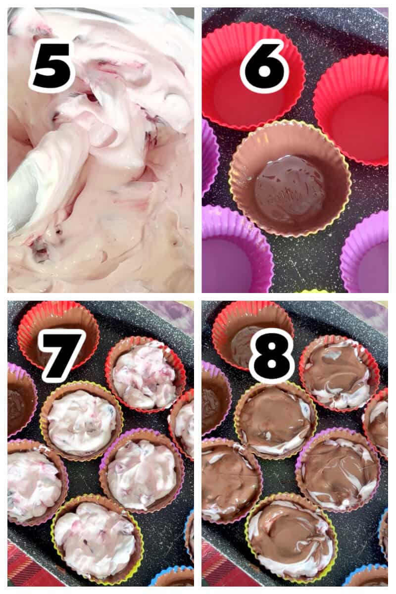 Collage of 4 photos to show how to make cherry cheesecake bites.