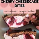 2 chocolate-covered cherry cheesecake bites on a plate.