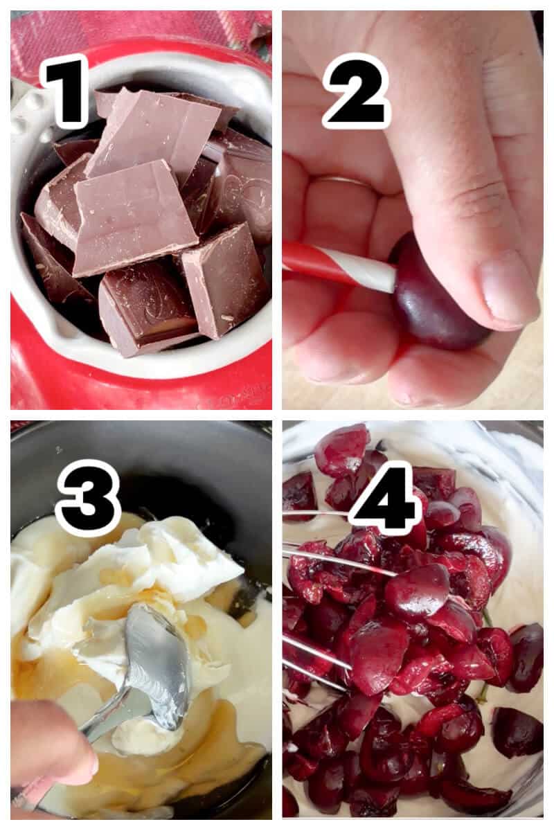 Collage of 4 photos to show how to make frozen cherry treats.