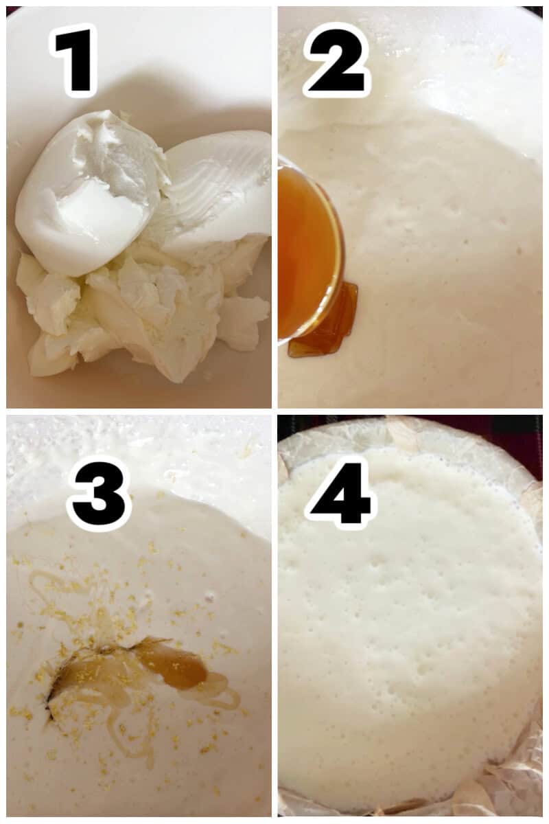 Collage of 4 photos to show how to make baked cheesecake.