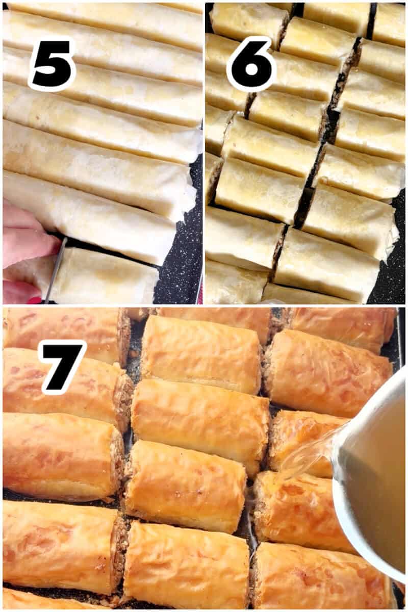 Collage of 3 photos to show how to make baklava rolls.