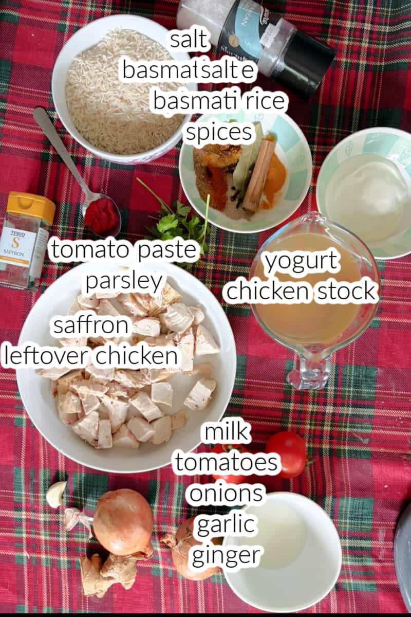 Ingredients displayed on the table to make chicken biryani.