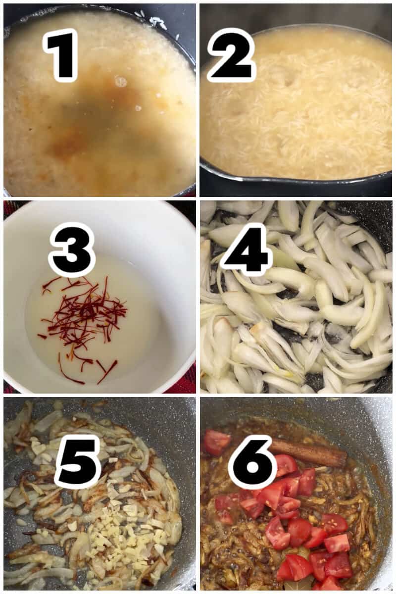 Collage of 6 photos to show how to make biryani with leftover chicken.