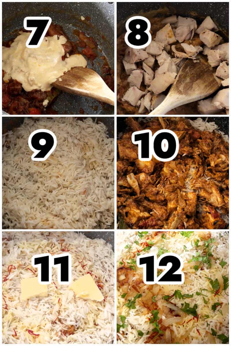 Collage of 6 photos to show how to make biryani with leftover chicken.
