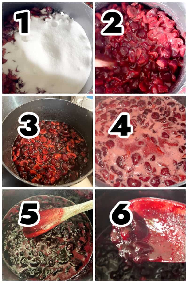 Collage of 6 photos to show how to make cherry jam.