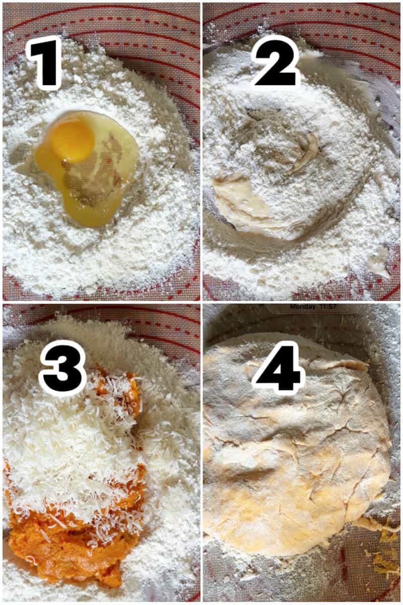 Collage of 4 photos to show how to make sweet potato gnocchi.