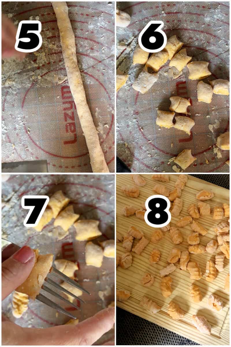 Collage of 4 photos to show how to make sweet potato gnocchi.
