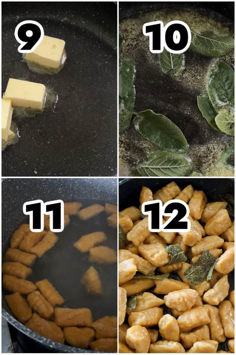 Collage of 4 photos to show how to make butter sage sauce and toss the ghocchi in it.