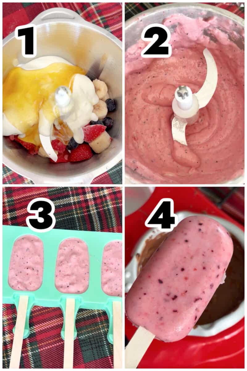 Collage of 4 photos to show how to make berry frozen yogurt.