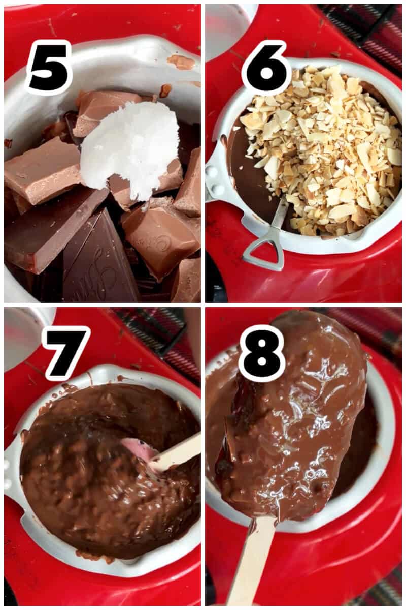 Collage of 4 photos to show how to coat popsicles in melted chocolate and toasted almonds.