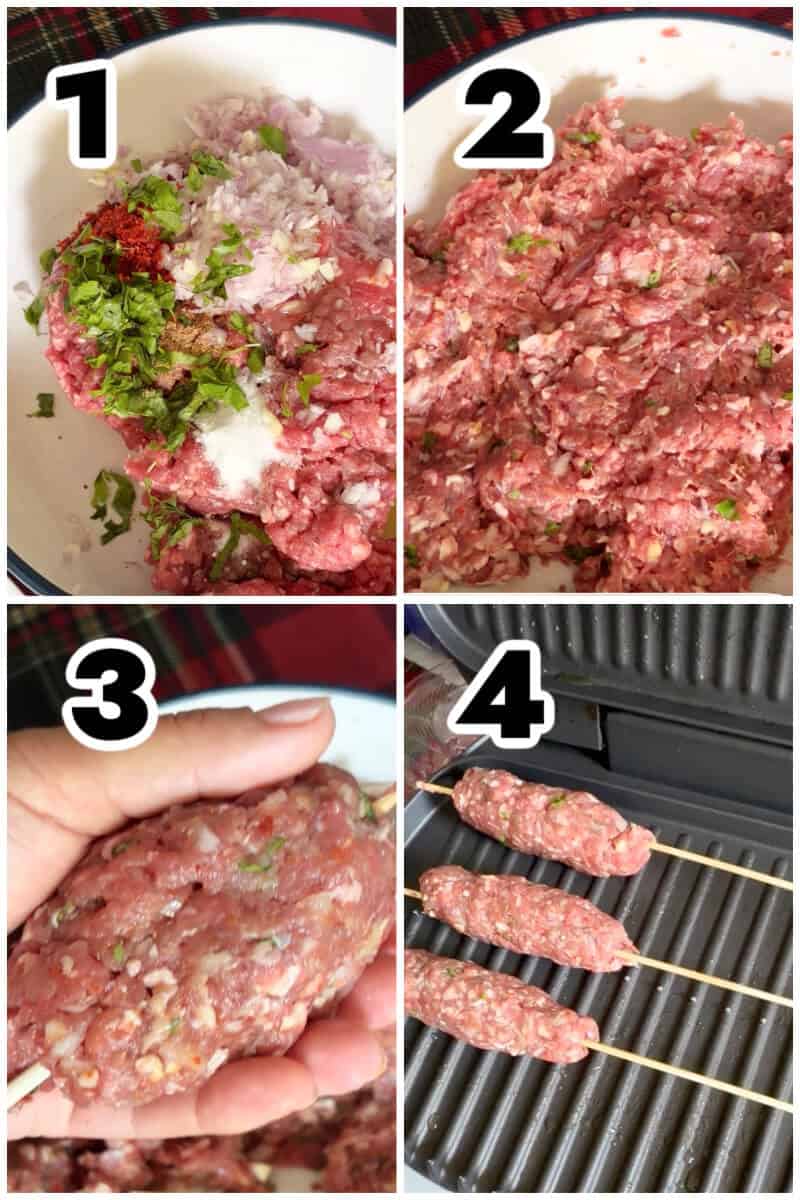 Collage of 4 photos to show how to make kofta kebabs.