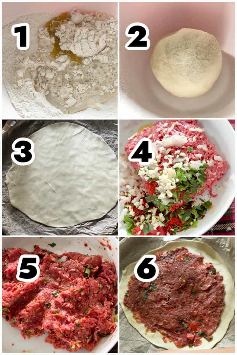 Collage of 6 photos to show how to make Turkish Lahmacun.
