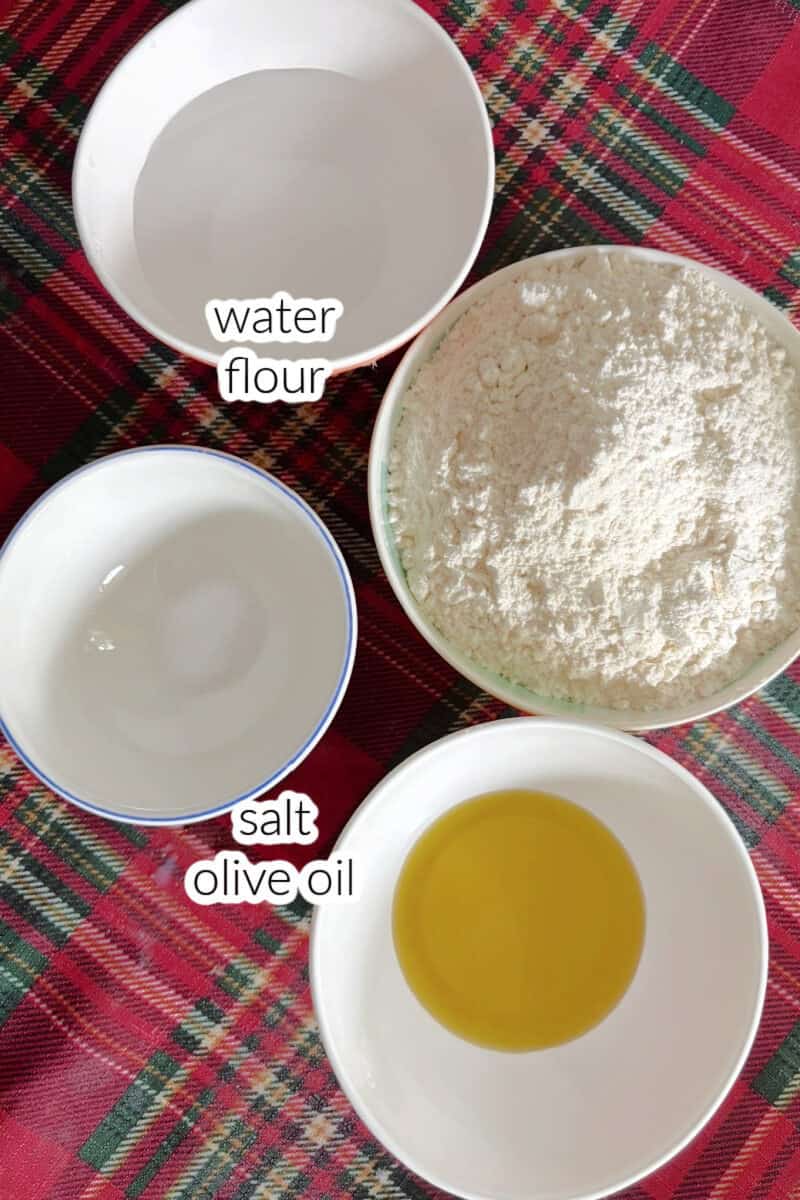 Ingredients displayed for making flatbread dough.