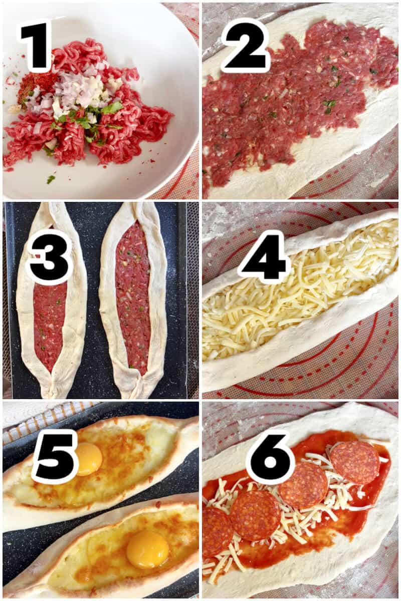 Collage of 6 photos to show how to assemble each pide.