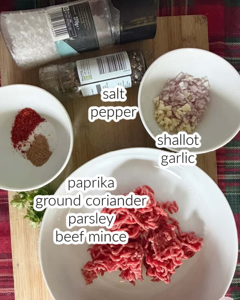 Ingredients displayed for making the filling for beef pide.
