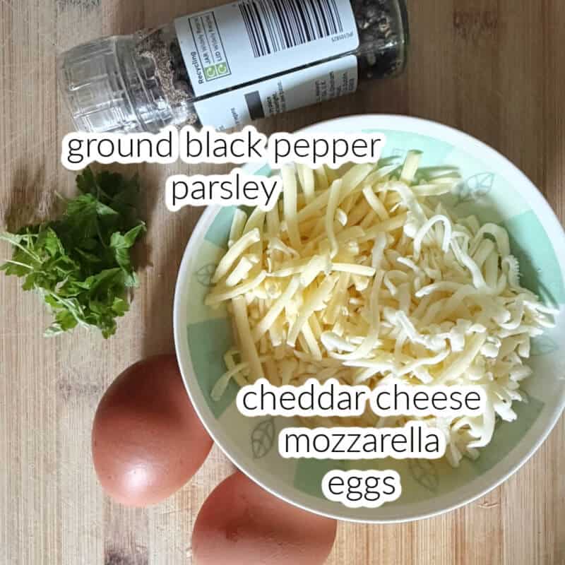 Ingredients displayed for the cheese and egg topping.