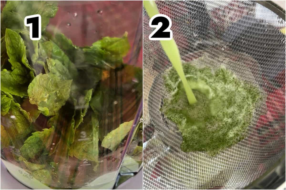 Collage of 2 photos to show how to make mint lemonade.