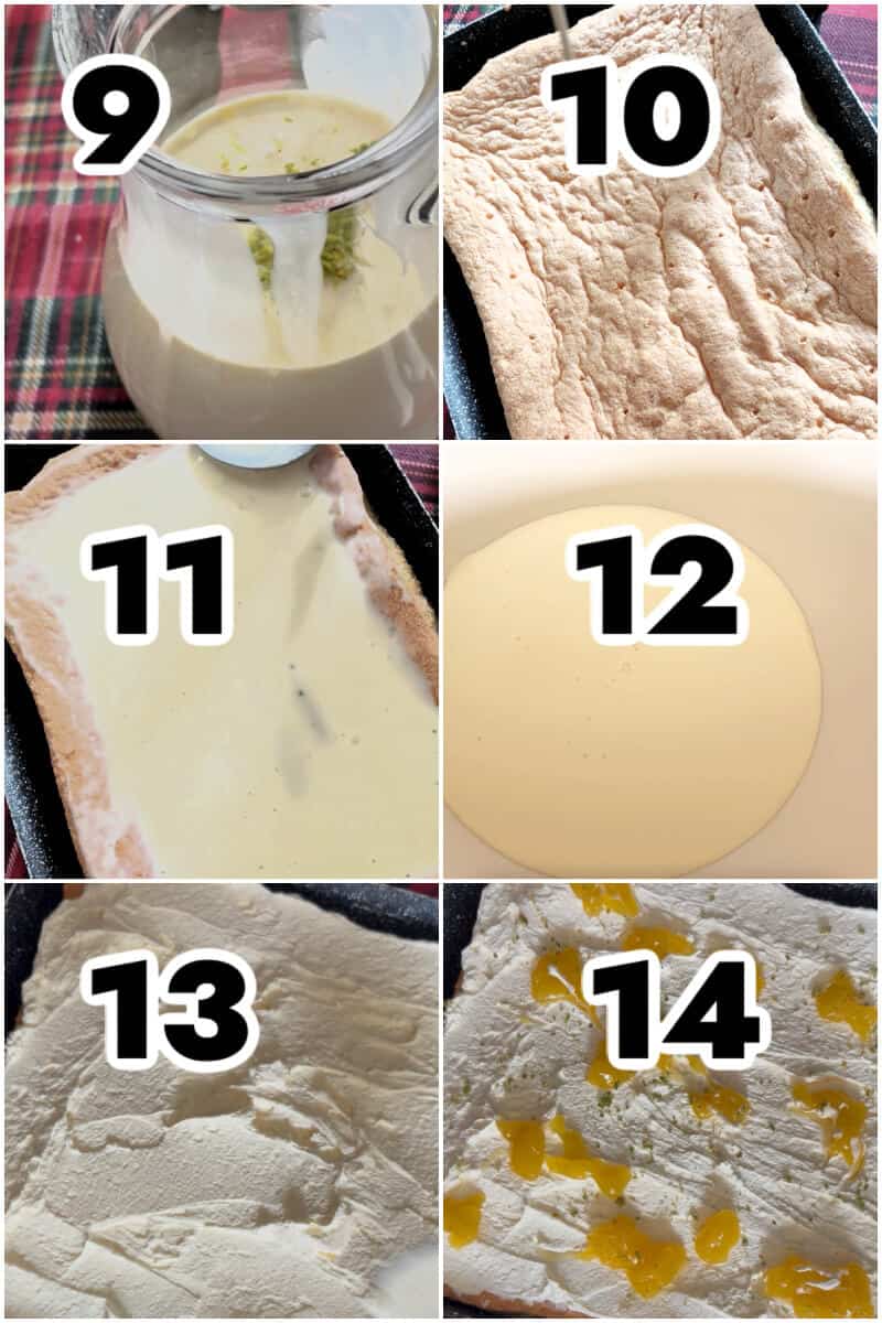 Collage of 6 photos to show how to decorate the tres leches cake.