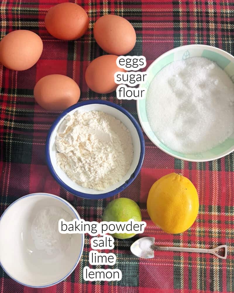 Ingredients displayed on the table for making sponge cake.