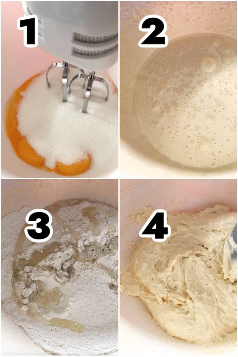Collage of 4 photos to show how to make a cake sponge.