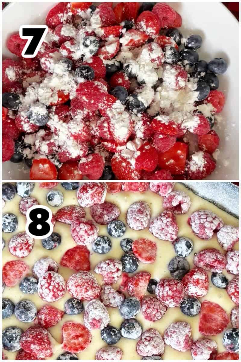 Collage of 2 photos to show how to prepare the berries and decorate the cake.