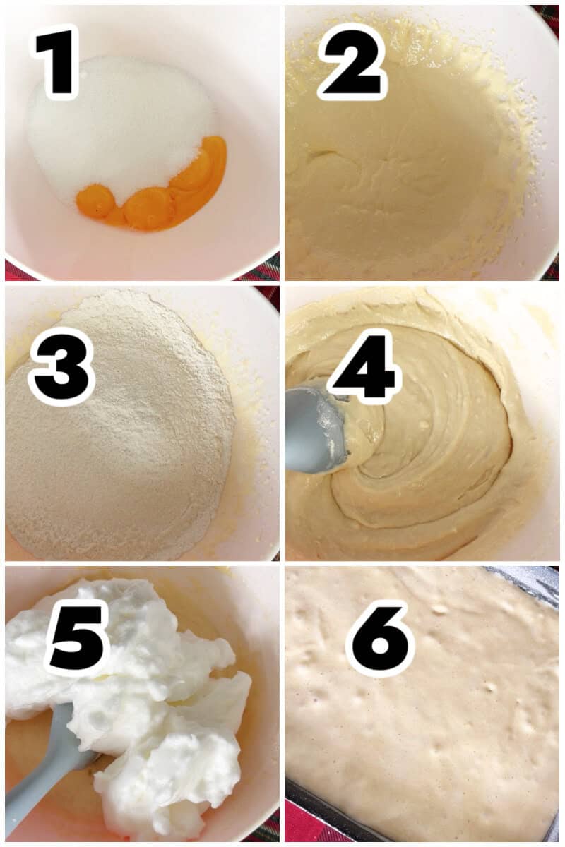 Collage of 6 photos to show how to make vanilla sponge cake.
