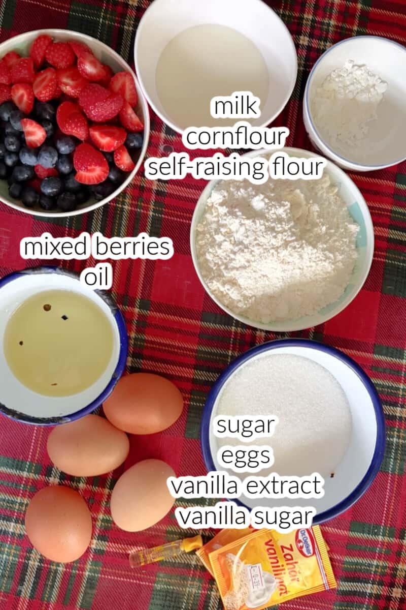 Ingredients displayed on a tabletop for making the cake.