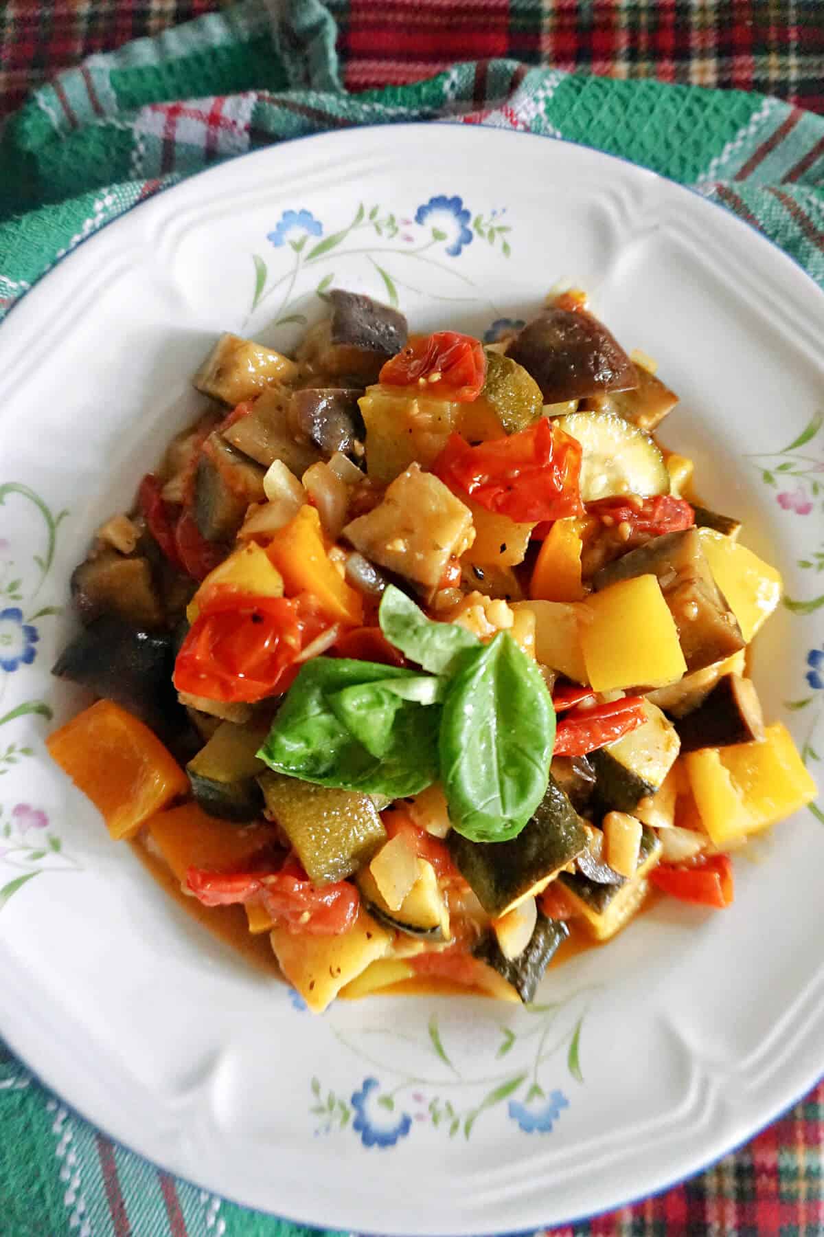 A plate with a portion of veggie stew.