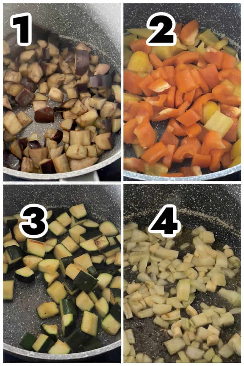 Collage of 4 photos to show how to prep the veggies for ratatouille.