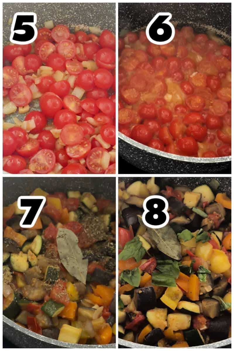 Collage of 4 photos to show how to make ratatouille.